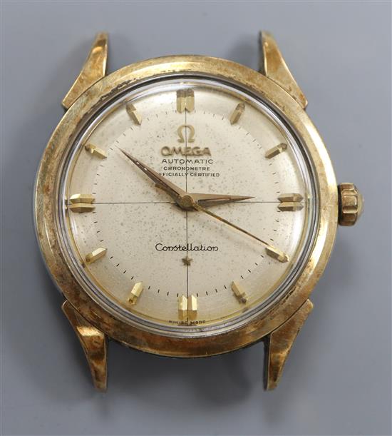 A gentlemans 1950s steel and gold plated Omega Constellation automatic wrist watch, movement c.354, no strap.